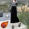 Women's Layered Velvet Midi Skirt with High Slit and Ruffle Lace - Thickened for Autumn and Winter