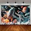 1pc 2D Plane Space Adventure Polyester Banner Astronaut Rocket Planet Star Print Party Backdrop Tapestry For Birthday Holiday Ro