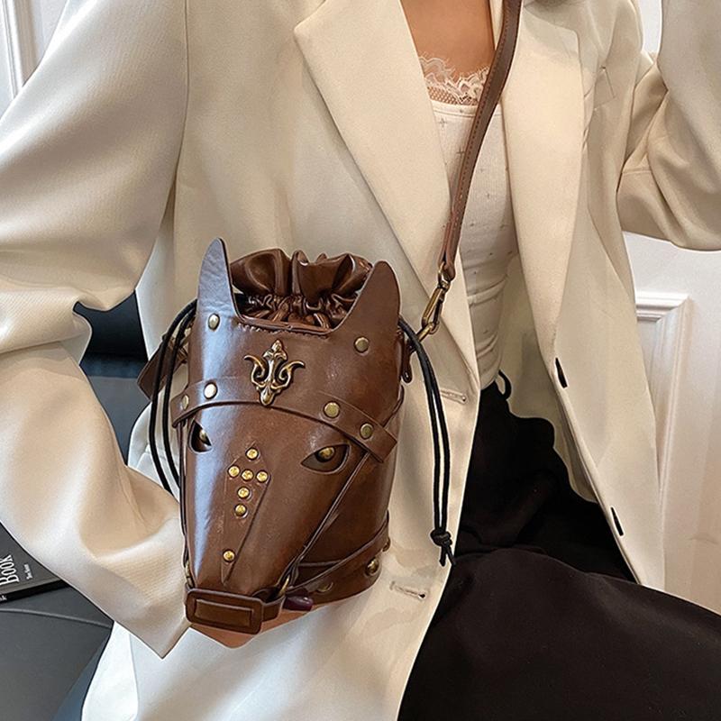 Funny Shoulder Bag Vintage Style Creative Horse Head Mask Bucket Bag Unique Niche Single Shoulder Crossbody Bag for Women