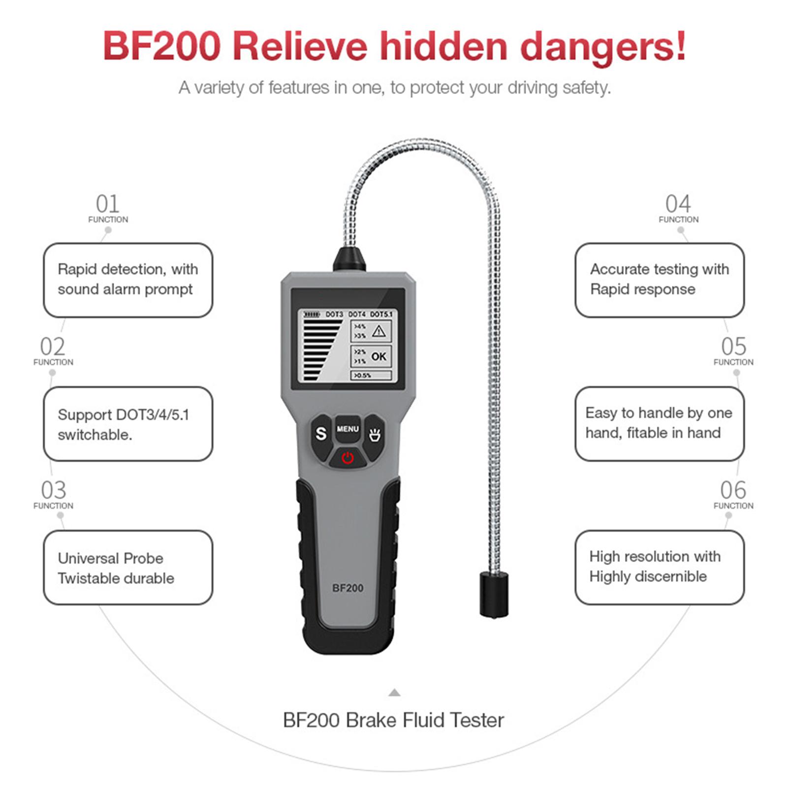

Alarm One Hand Operate Brake Fluid Tester DOT3 DOT4 DOT5.1 with High Resolution Screen Twistable Probe Gray and Black ABS 12V 2 AAAA Battery 20to50 ce