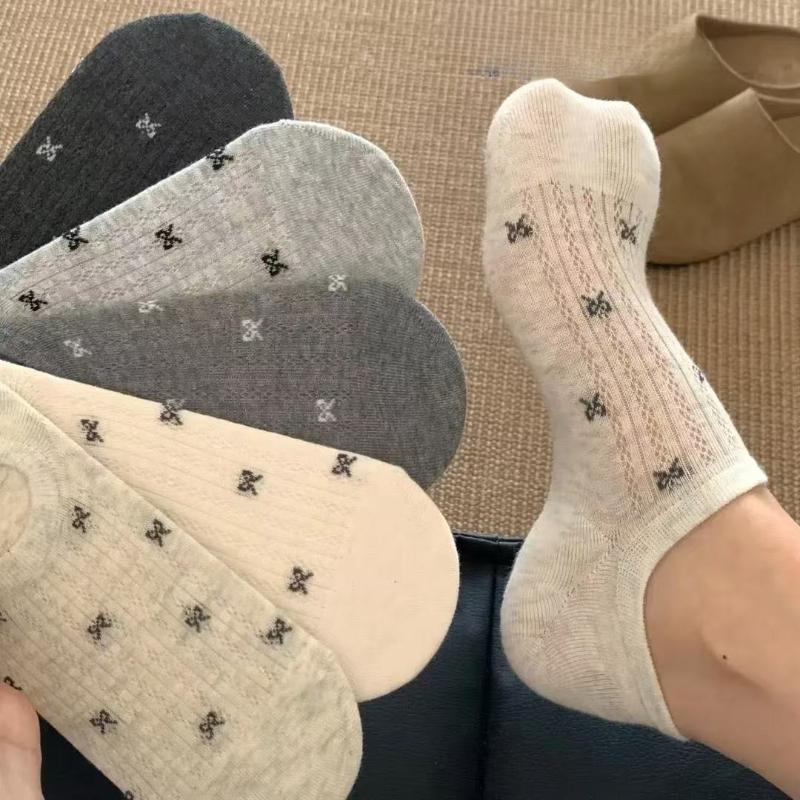1/5pairs Spring And Summer Women's Socks Cartoon Bow Silicone Non-slip Breathable Invisible Pure Cotton Ankle Boots Soft Socks