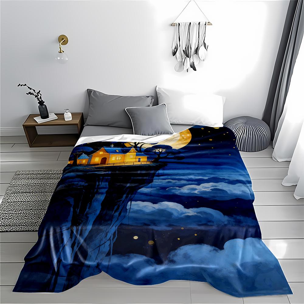 Fantasy Cliff House Night Sky Moonlight Scenery Area Blanket Decor  Blanket, Suitable for Use In the Bedroom, Living Room, On the Sofa