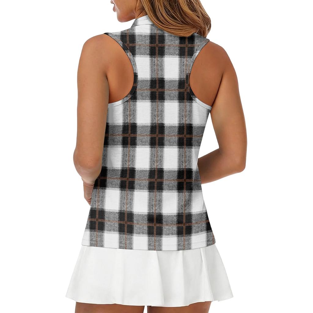 Women Sleeveless Golf Polo Shirt Zip Collar Plaid Print Athletic Tank Top for Sports Outdoor Exercise Casual Wear