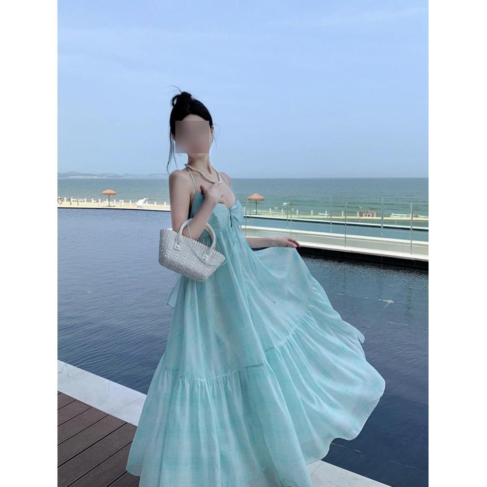 Travel shadow green backless neck sling chest pad dress women's summer seaside vacation beach dress super fairy wear