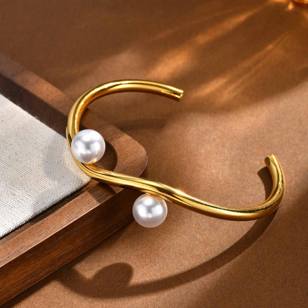 Open Stackable Bracelet Bangle for Women,stainless Steel Smooth Pearl Hollow Cuffs, Minimalist Waterproof Stylish Jewelry