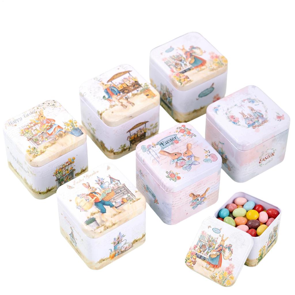 6pcs Easter Cookie Tin Box Bunny Pattern Container With Lid Metal Easter Treat Boxes Easter Gift Decoration Box For Snack Spring