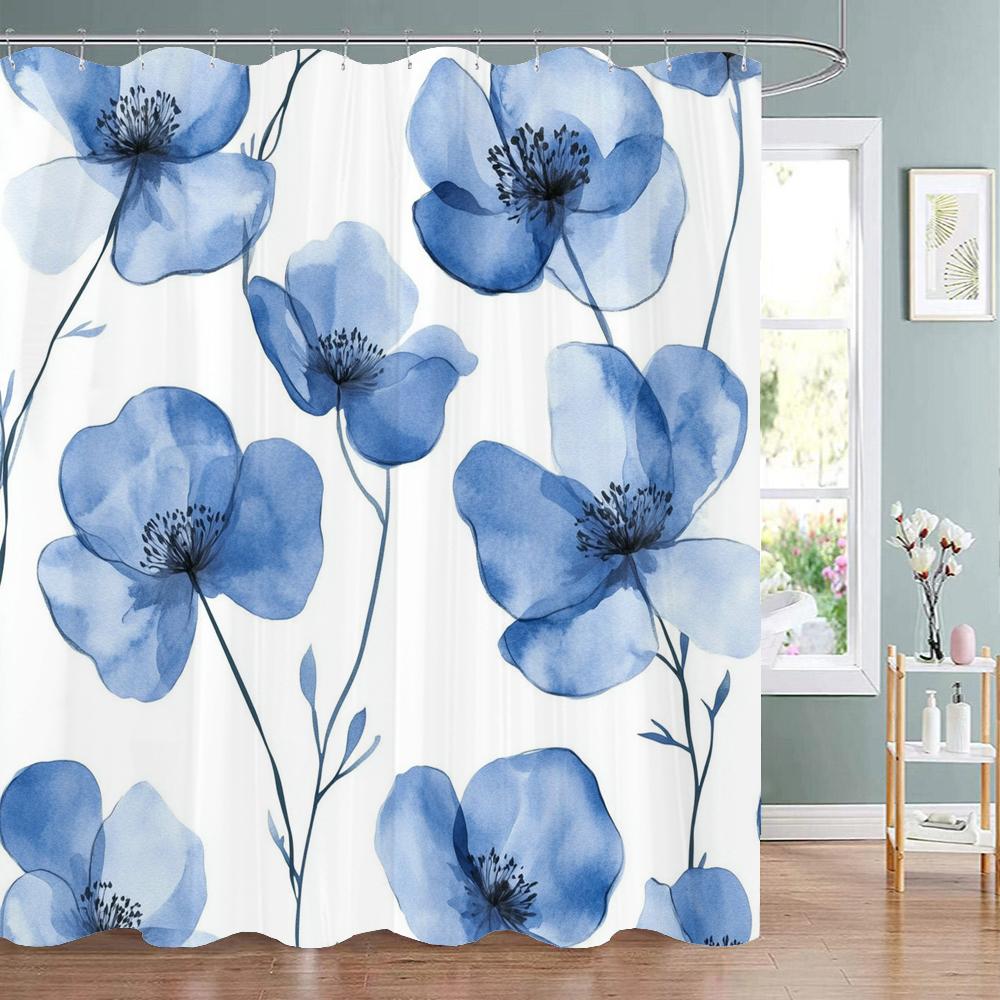 Watercolor Flowers And Plants Patterns Shower Curtain, Bathroom Decorative Shower Curtain, Waterproof Shower Curtain With Hooks