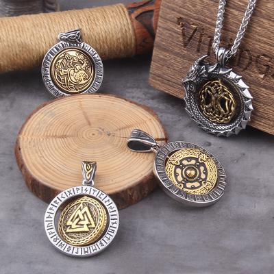 Stainless Steel Viking Rotating Wolf Ouroboros Pendant Necklace with Wooden Box Gift for Men