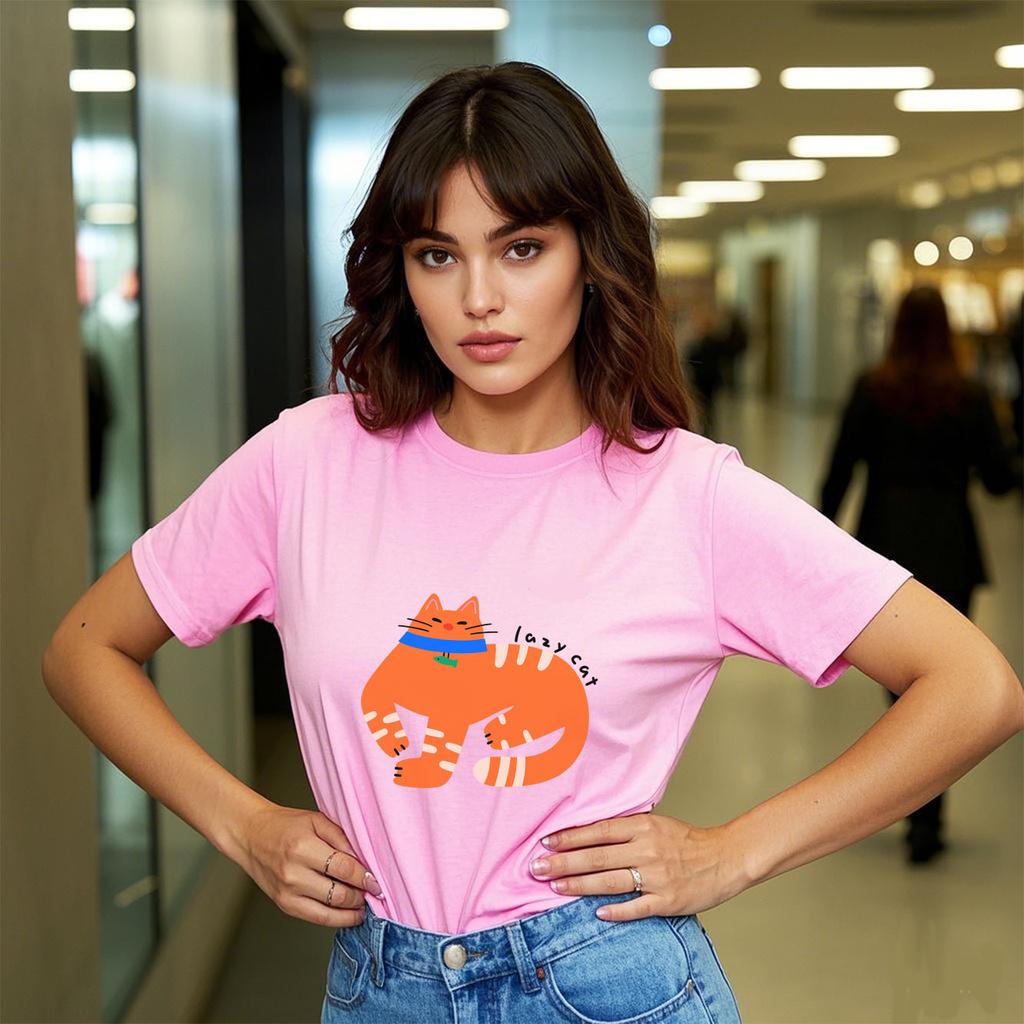 Cartoon-orange Katze bedrucktes kurzärmeliges Rundhals-Damen-T-Shirt für Frühling und Sommer vielseitiges Damen-T-Shirt