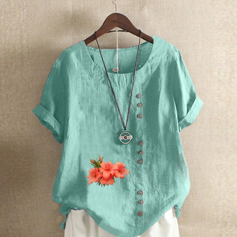 Women's Fashion Flowers Pattern Prined Short Sleeve T-shirt Loose Cotton Shirt Casual Loose Summer Blouse Tops Plus Size