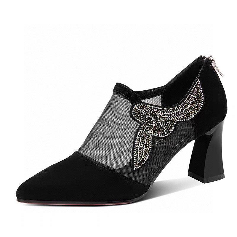 Pointed Mesh High Heels Women's Spring and Summer New Sheepskin Rhinestone Single Shoes Breathable Mesh Shoes Fashion Shoes