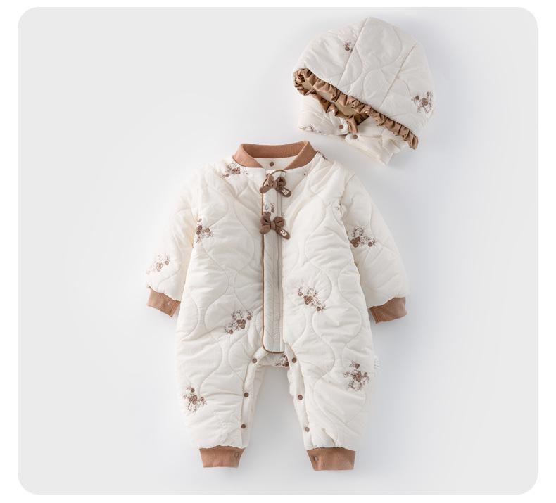 Autumn/Winter Baby Girl Quilted Romper - 180g Cotton, Thickened for Warmth, Perfect for Crawling