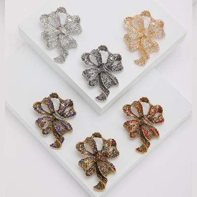 Retro Rhinestone Ribbon Bow Brooch High-End Personality Pin Fashion Clothing Accessories