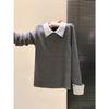 Temperament Contrasting Color Knitted Sweater Women's Autumn and Winter Niche Chic Olo Lapel Inside Sweater Backing Top