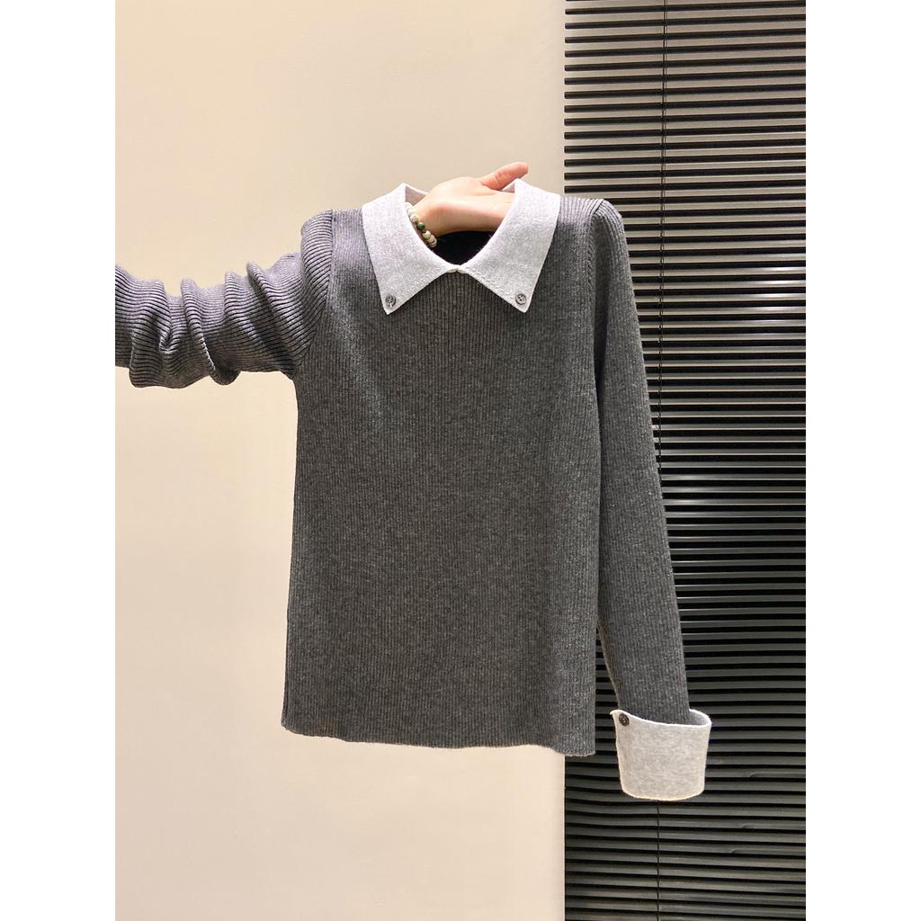 Temperament Contrasting Color Knitted Sweater Women's Autumn and Winter Niche Chic Olo Lapel Inside Sweater Backing Top