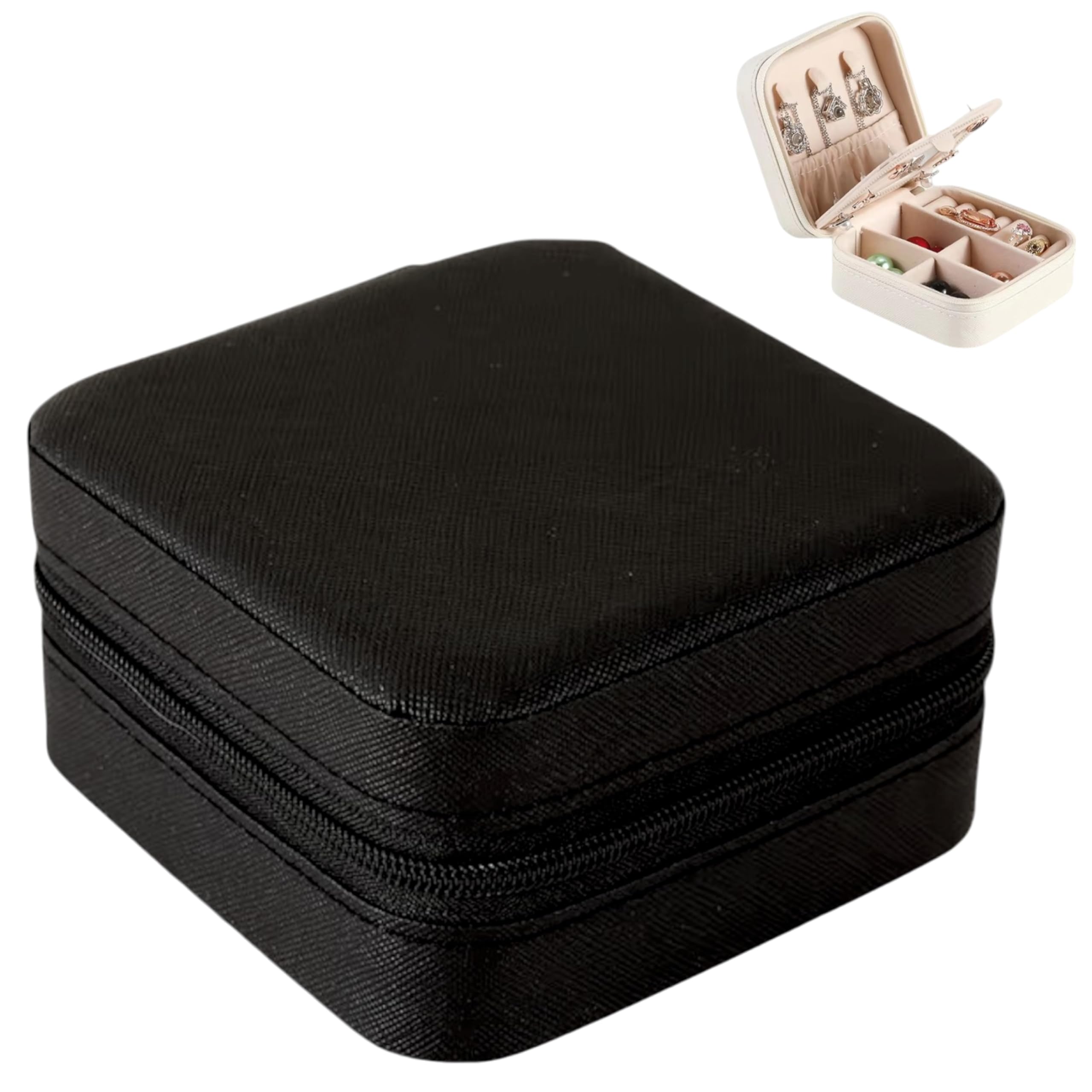 Square Jewelry Pouch, Accessory Storage, PU Leather, Zipper closure, Travel, Expedition, Outing, Korean Style (Black)