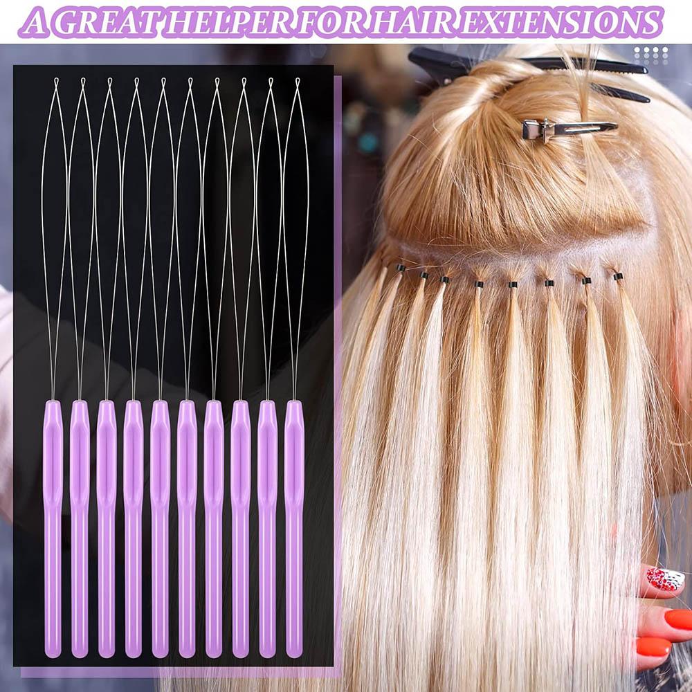 10pcs Hair Extension Loop Needle Threader Pulling Hook Tool and Bead Device Tool Loop Threader Hook Needle For Hair Extensions