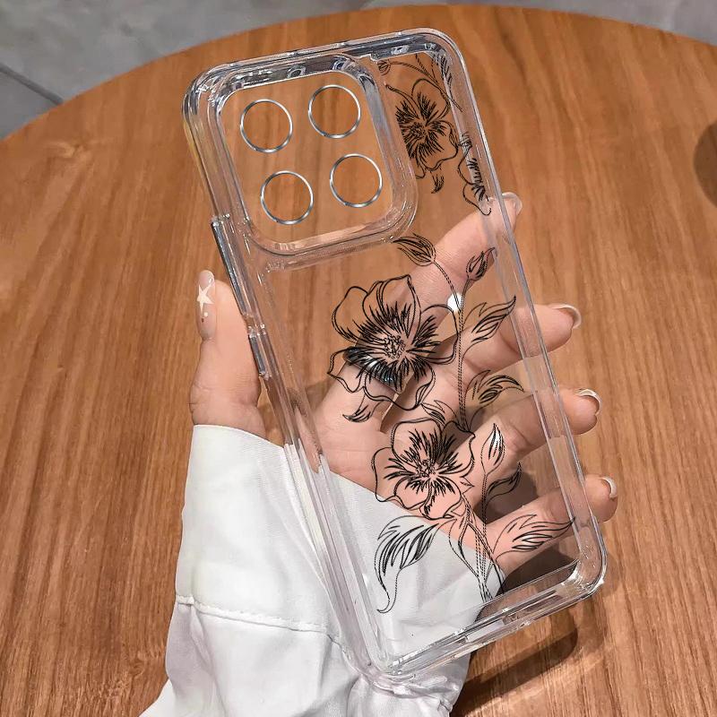 Stoßfeste Hülle für Xiaomi 14t 13t Poco X6 X5 F6 Pro Remdi Note 14 13 12 11 10 Pro Line Blumenmuster Weiche Silikon Klare Anti-Fall-Abdeckung