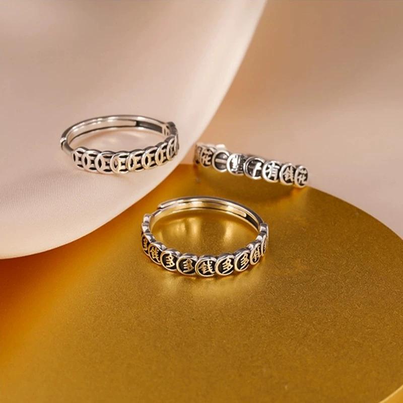 S925 sterling silver lucky transfer retro ring women's mahjong gathering money coin personality simple niche open ring tide