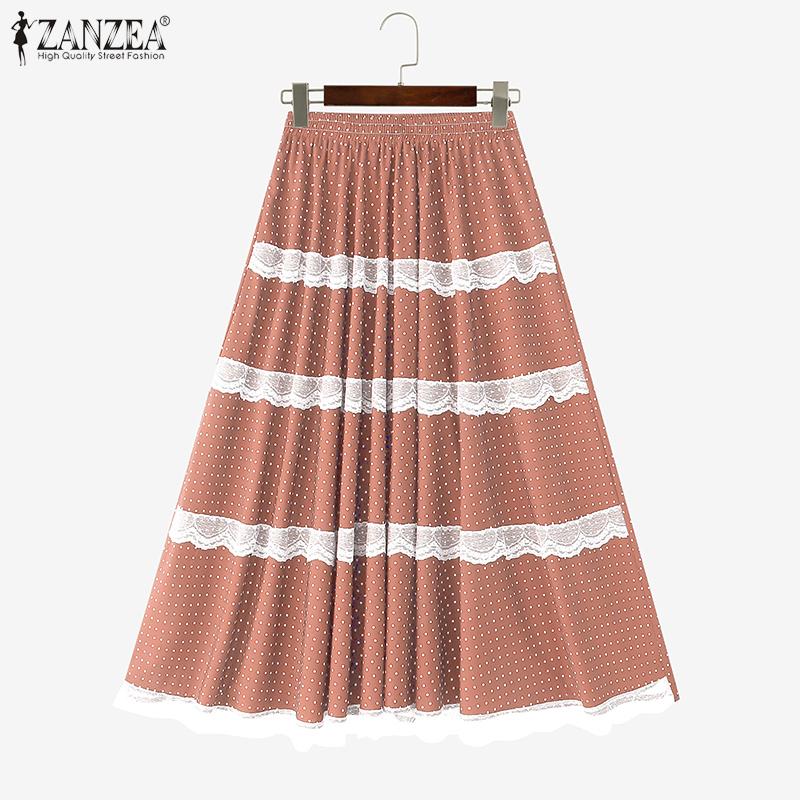 ZANZEA Damen Sommer Elastischer Bund Locker Lässig Spitze Einsatz Polka Dot Röcke