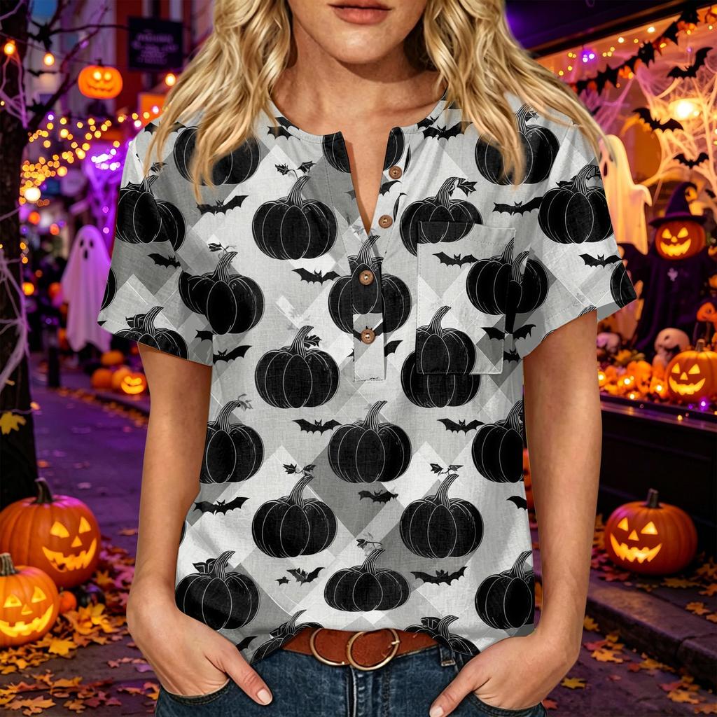 Women's Casual Halloween Print V Neck Short Sleeve Button Detail Three Quarter Sleeve T Shirt Top Lightweight Comfortable Fit