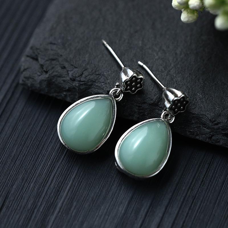 Vintage Lotus Seedpod Earrings with Imitation Hetian Jade and Plated Thai Silver for Hanfu & Cheongsam 2022