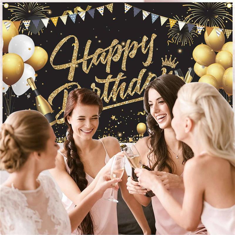 3X Birthday Backdrop Banner Black Gold Backdrop Sign Happy Birthday Party Decoration Set For Girls Men Women Celebration-B61B