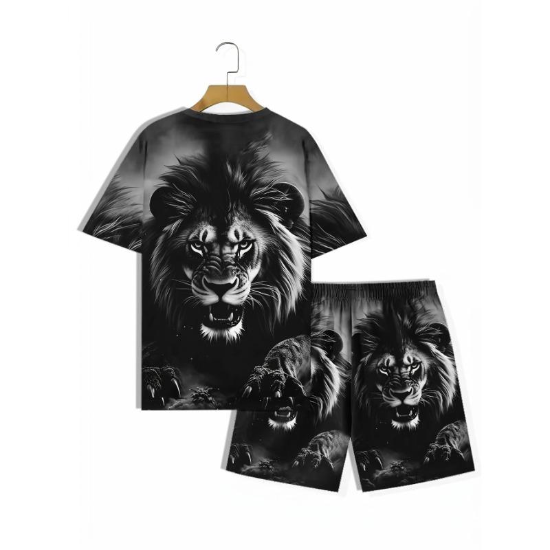 Men's 3D Lion Print Summer Set: Black & White Realistic Tee with Matching Shorts. Cool Streetwear for Holiday & Daily Wear