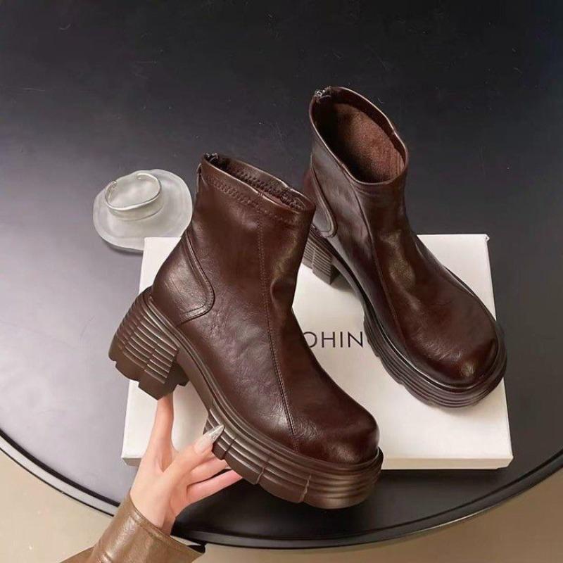 Thick-soled High-heeled Short Boots Women's New Velvet Warm Short Boots Autumn and Winter Wear-resistant Non-slip Versatile Women's Boots