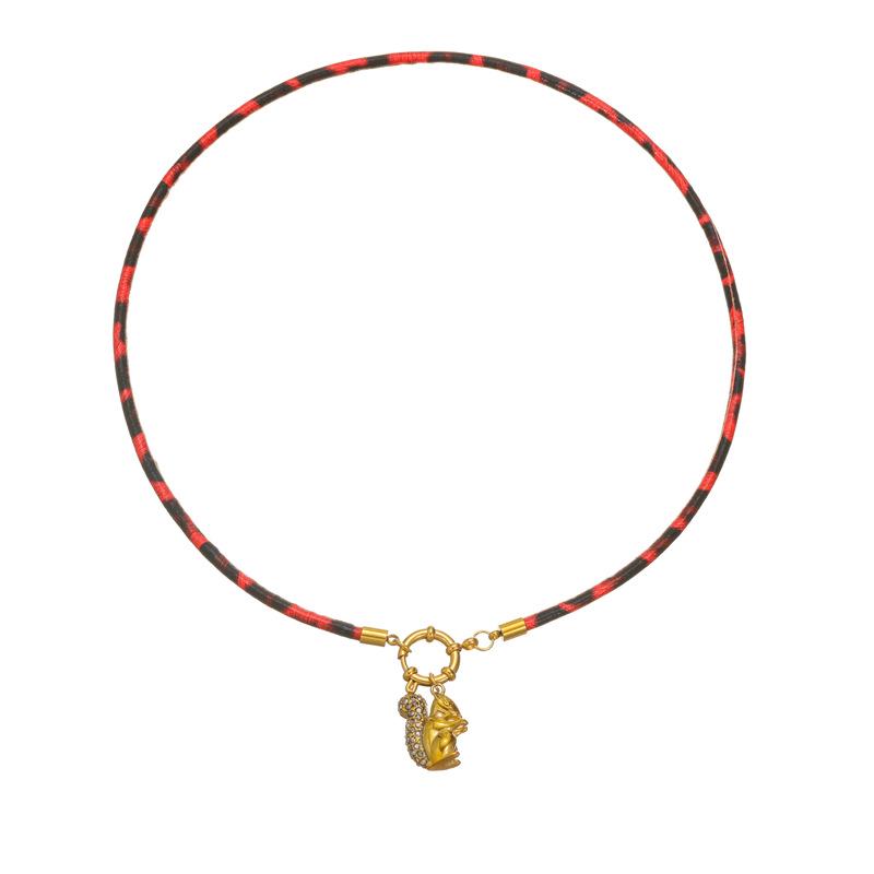 Stainless Steel Rhinestone Squirrel Pendant Necklace with Leopard Print Rope Chain