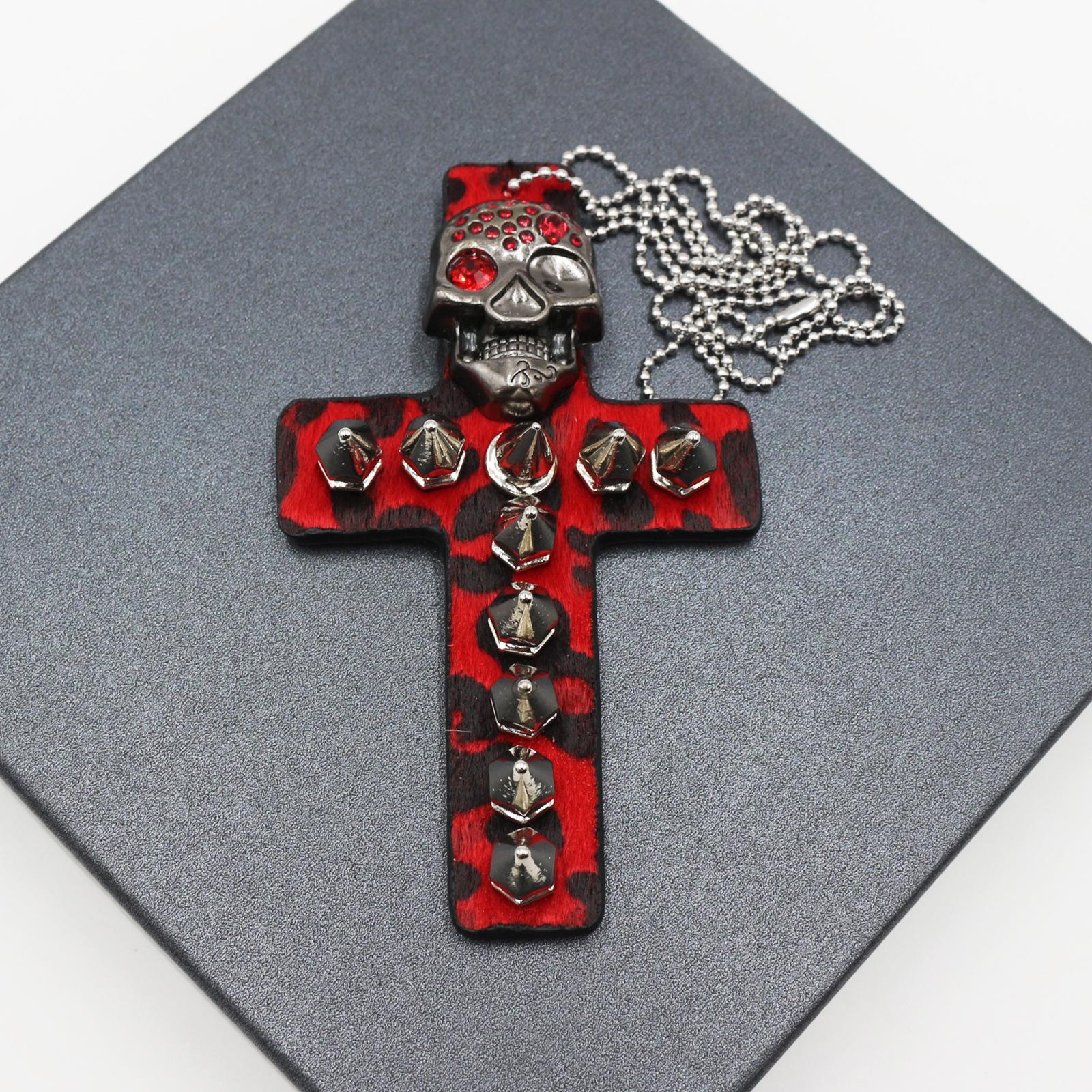 European and American Street Punk Skull Rivet Spike Leather Cross Necklace