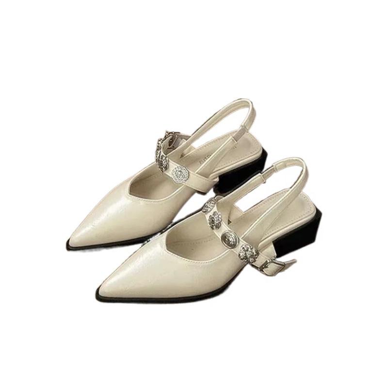 Fashion French Pointed Sandals Womens 2025 Summer New Fashion Light Mouth Metal One-Word Buckle Casual Womens Shoes