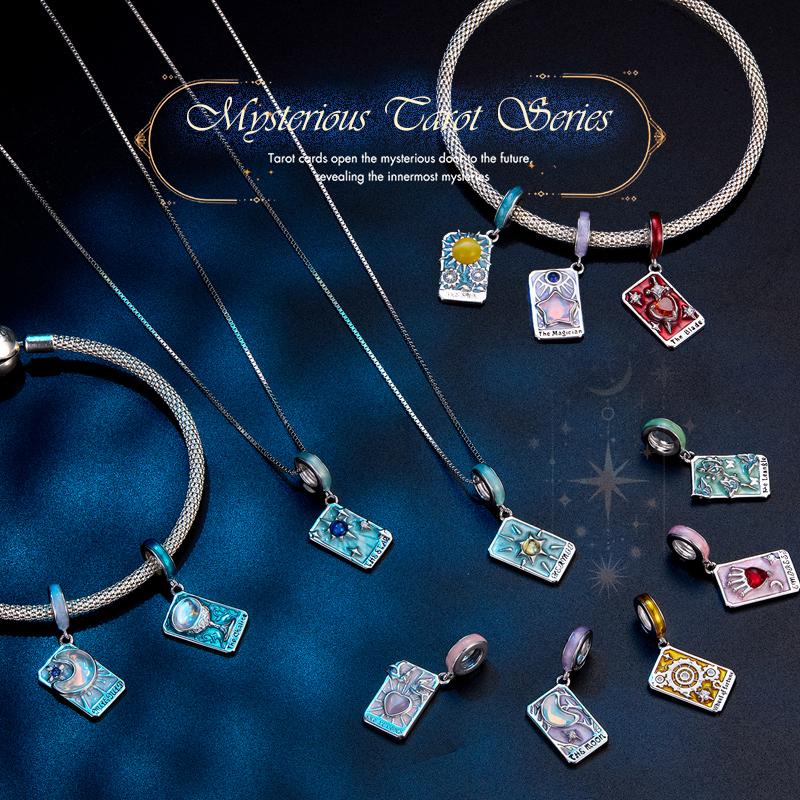 WOSTU 925 Silver Colorful Tarot Cards Charm Pendent Magic Star Moon Sun Lover Bead Fit DIY Bracelet Necklace Women Gift