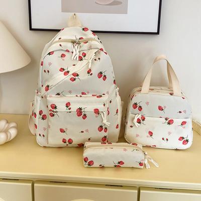 Fashionable Cute Strawberry Backpack Set 3Pcs Handbag&Pen Pouch Quilted Nylon Women's Dual Zipper Campus Commute Essentials