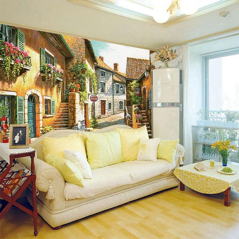 Pastorale Stadt Fototapete Vintage Haus Straße Blume Wandbild für Wohnzimmer Tv Sofa Hintergrund Tapeten