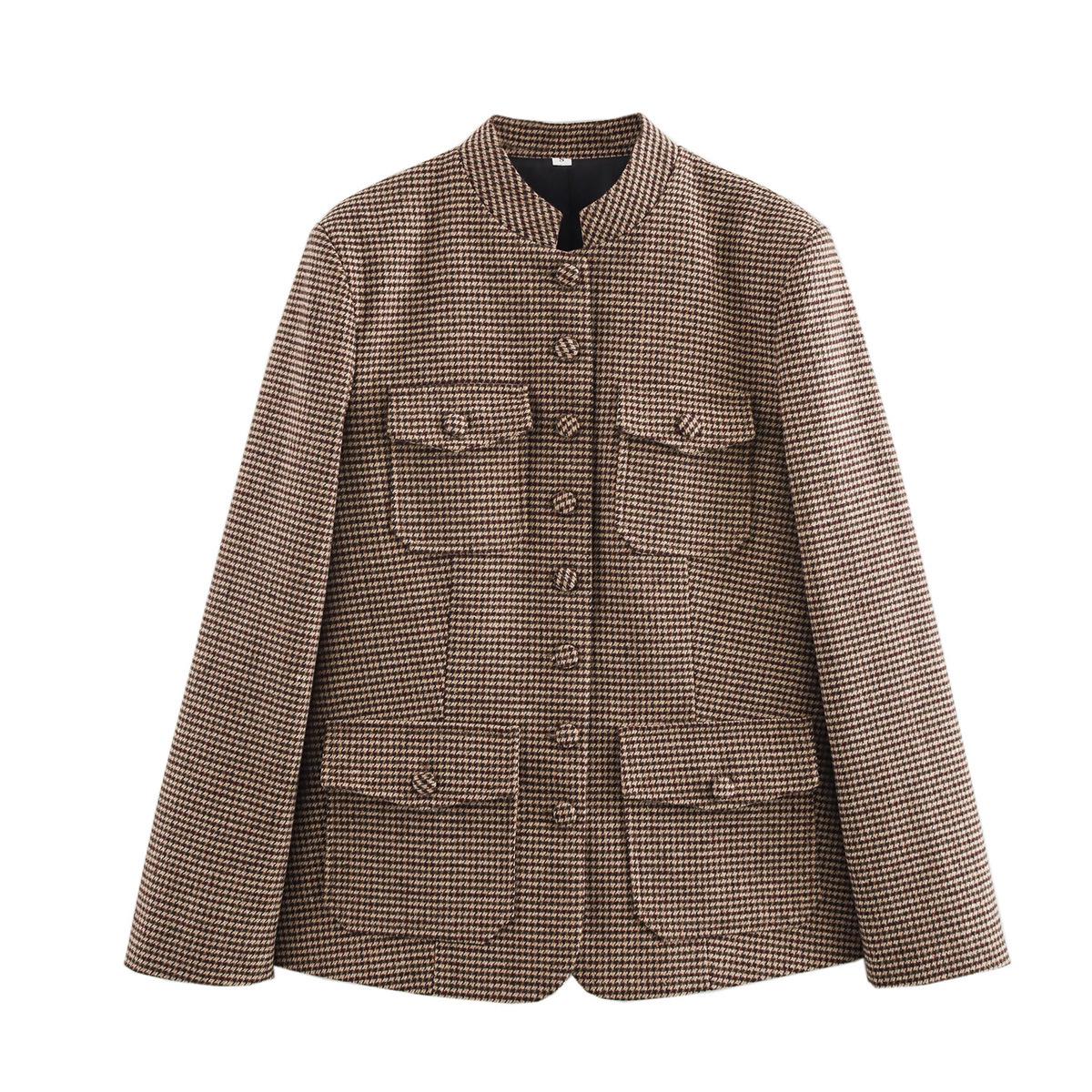

European & American Women s Retro Houndstooth Stand-up Collar Jacket Small