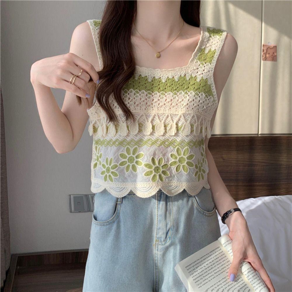 Knitted Crop Top Retro Short Top New Sleeveless Vest  Bohemia
