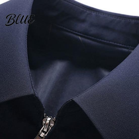Zip Up Men Coat Jacket Lapel Solid Color Mid-aged Elderly Long Sleeve Zipper