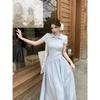 French Cake-cutting Small Woman Summer Temperament Design Sense Beautiful Dress Blue Generous Short-sleeved Skirt