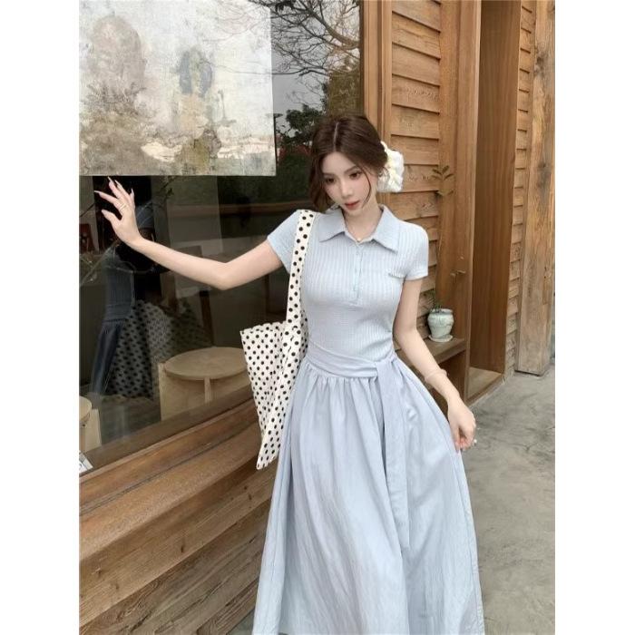 French Cake-cutting Small Woman Summer Temperament Design Sense Beautiful Dress Blue Generous Short-sleeved Skirt