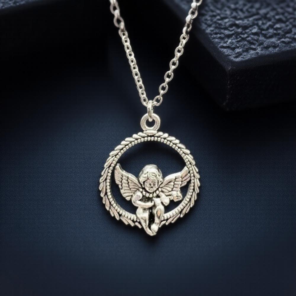 Vintage Harajuku Gothic Silver Heart Angel Cupid Pendant Necklace Trendy Jewelry For Women Men