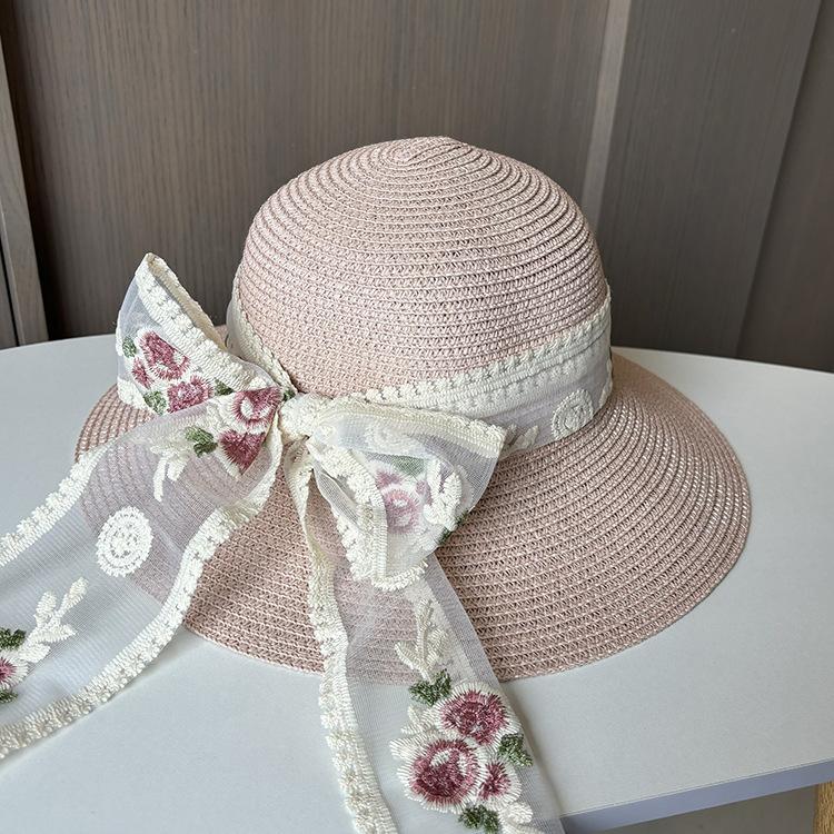 

Новая вышитая кружевная соломенная шляпа с бантом, женская солнцезащитная шляпа, пляжная шляпа с защитой от ультрафиолета M（56-58cm） розовый