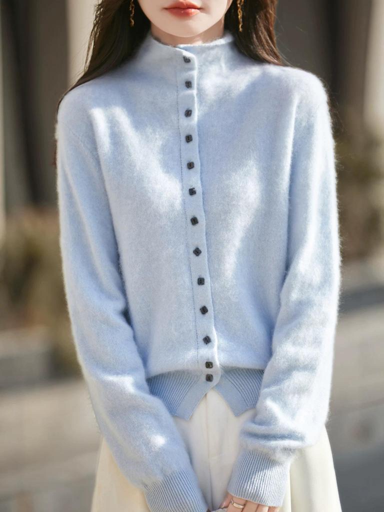 Retro Chic Wool Brushed Button-Up Cardigan - Versatile Autumn & Winter Women's Style with Rolled Hem and Neckline.