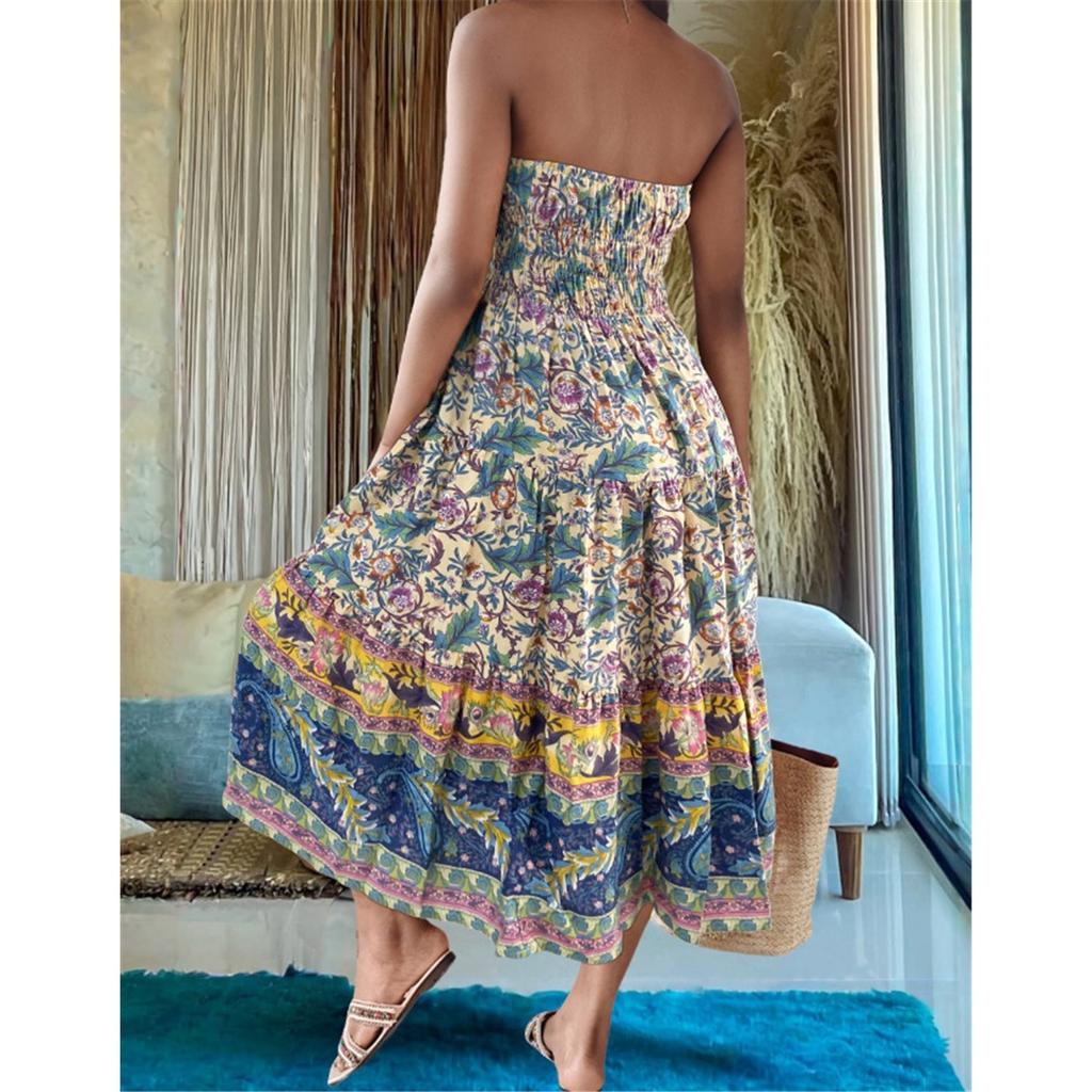 Sommer Neu Böhmischer Urlaubsstil Mehrfarbiger Druck Süßes Bustierkleid Große Schwingkleider für Frauen