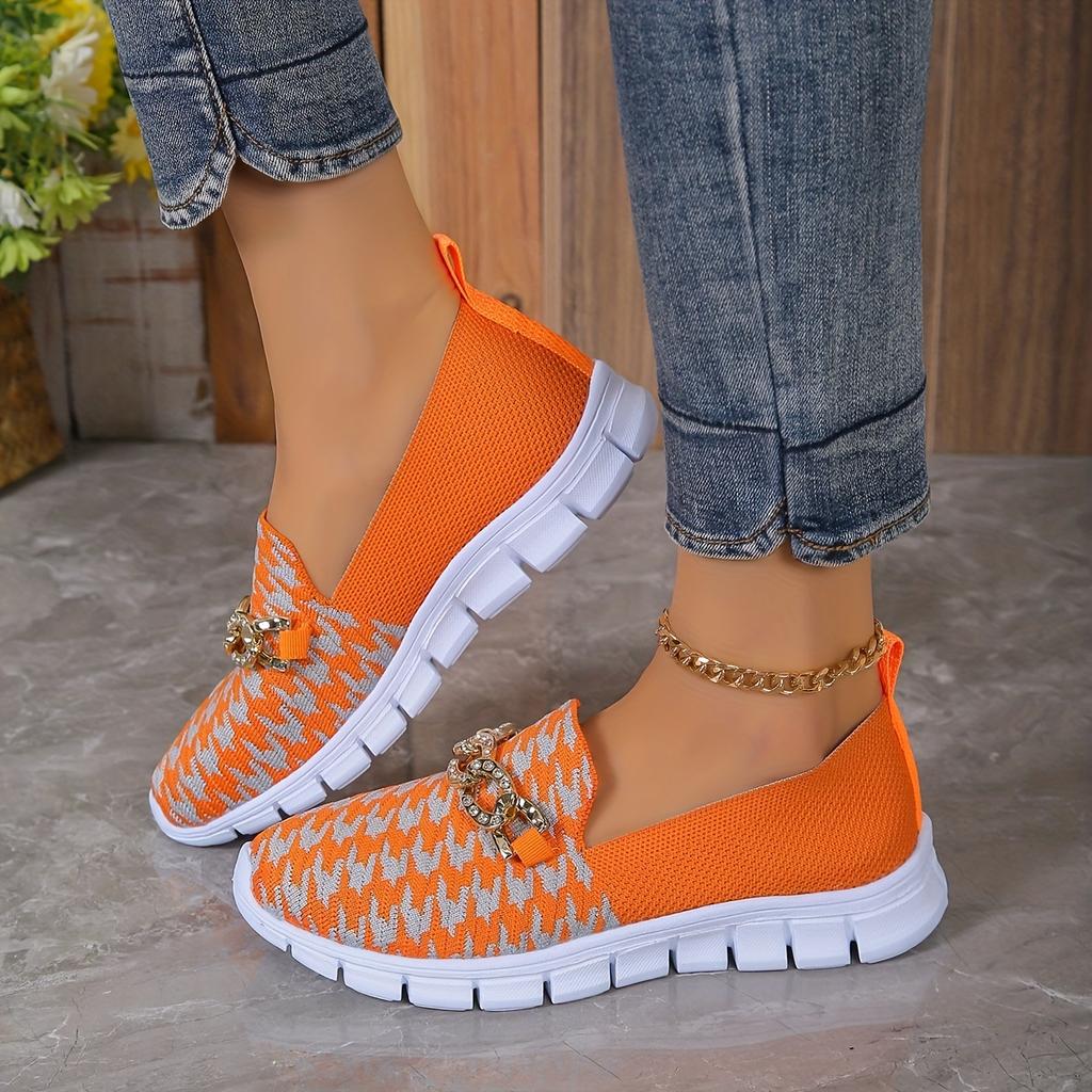 Women's Houndstooth Slip-On Sneakers - Casual Breathable Walking Shoes with Chain Decor