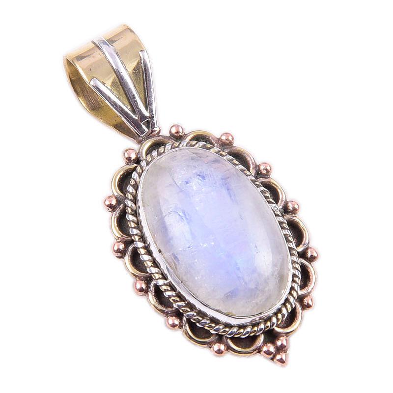 Natural Rainbow Moonstone Gemstone 925 Solid Silver Two Tone Pendant 1.50" R3S74