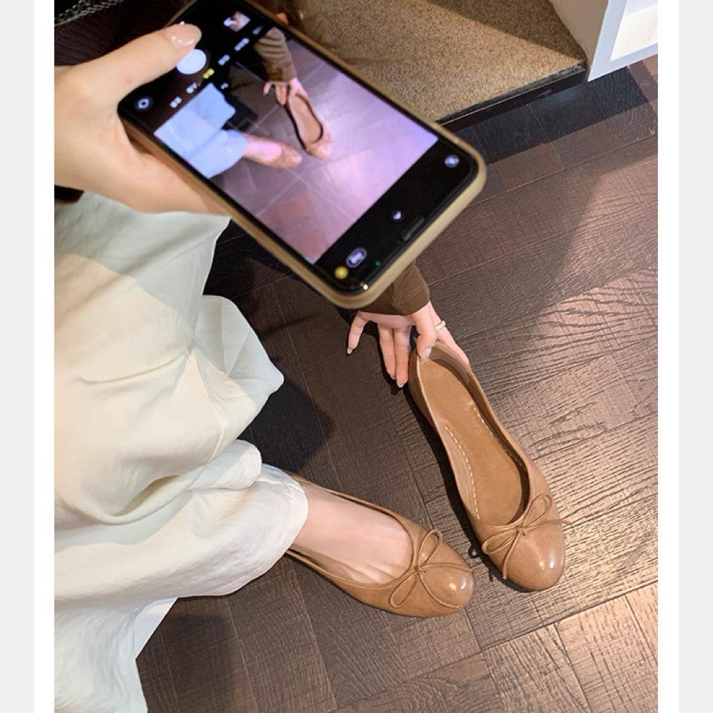 Super soft horse leather~ French leather retro bow single shoes women's autumn new flat bottom shallow mouth ballet Mary Jane shoes