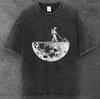 Unisex Space Astronaut Mond Grafik T-Shirt Gewaschenes Schwarz Grunge Ästhetik S-2XL