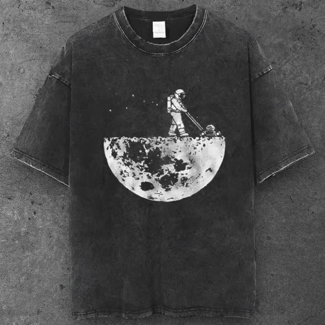 Unisex Space Astronaut Moon Graphic T Shirt Washed Black Grunge Aesthetic S-2XL S