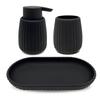 Rubberized Plastic Bathroom Accessories Set Ribbed Toothbrush Holder Wastebasket Soap Pump Organizer Tray 4-Piece Black Decor
